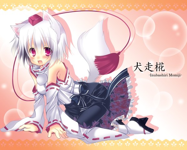 Anime picture 2000x1607 with touhou inubashiri momiji hikanyan single looking at viewer blush highres short hair open mouth red eyes bare shoulders animal ears white hair japanese clothes animal tail girl hat detached sleeves socks white socks