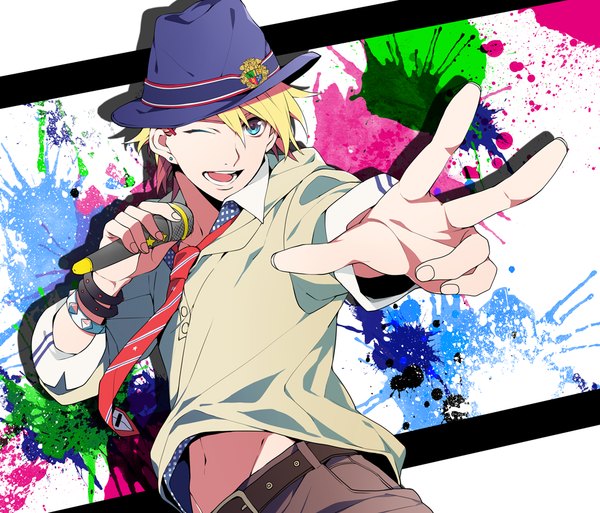 Anime picture 1023x875 with uta no prince-sama a-1 pictures kurusu shou yuzumame single short hair open mouth blue eyes blonde hair looking away one eye closed bare belly piercing outstretched arm groin victory ear piercing open collar singing boy
