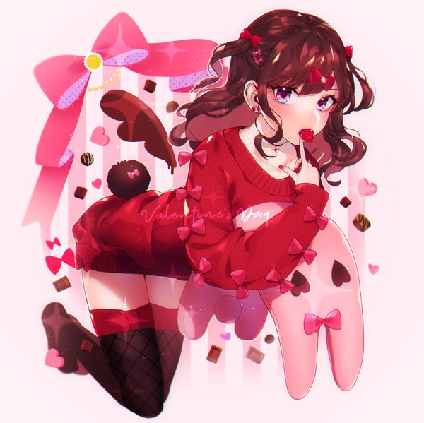 Anime picture 1200x1198 with original peta (snc7) single long hair brown hair full body tail nail polish animal tail sparkle two side up zettai ryouiki symbol-shaped pupils bunny tail valentine heart-shaped pupils red nail polish girl dress choker