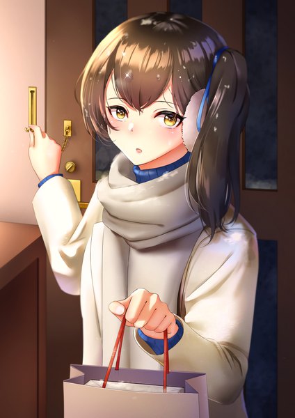 Anime picture 2894x4093 with kantai collection kaga aircraft carrier sakurahuji-iro single tall image looking at viewer blush fringe highres short hair hair between eyes brown hair holding yellow eyes indoors braid (braids) alternate costume outstretched arm side ponytail girl