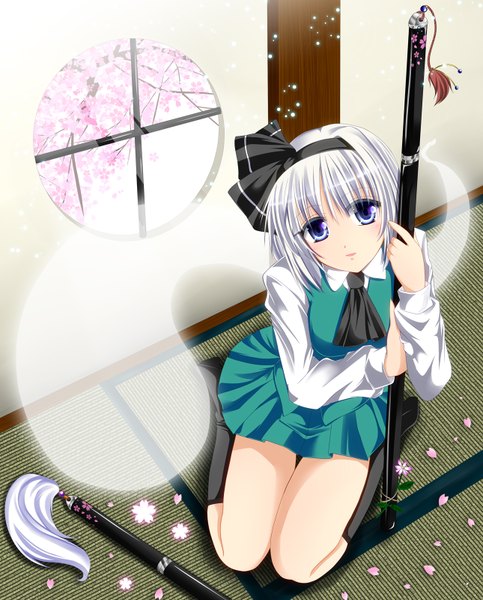 Anime picture 1290x1600 with touhou konpaku youmu fule single tall image short hair blue eyes silver hair girl skirt bow weapon petals sword hairband katana skirt set