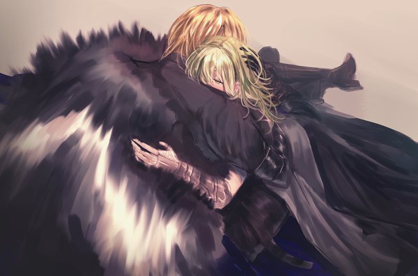 Anime picture 2048x1354 with fire emblem fire emblem: three houses nintendo byleth (fire emblem) dimitri alexandre blaiddyd byleth (female) (fire emblem) 3h aria long hair fringe highres short hair blonde hair hair between eyes green eyes looking away eyes closed green hair from above hug hand on another's head