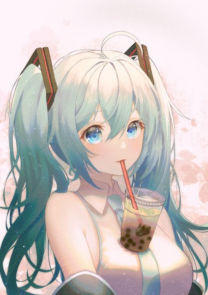 Anime picture 800x1135 with vocaloid hatsune miku zain (jiha3905) single long hair tall image looking at viewer fringe blue eyes hair between eyes twintails bare shoulders ahoge upper body aqua hair drinking bubble tea challenge girl drink drinking straw