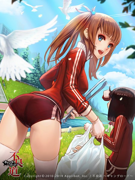 Anime picture 750x1000 with original remana long hair tall image fringe breasts open mouth blue eyes light erotic black hair brown hair large breasts standing twintails multiple girls holding sky cloud (clouds) ass outdoors