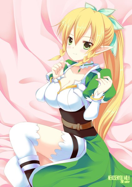 Anime picture 761x1076 with sword art online a-1 pictures leafa nasu hanahana single long hair tall image blonde hair green eyes ponytail braid (braids) pointy ears twin braids elf girl thighhighs dress bow hair bow white thighhighs