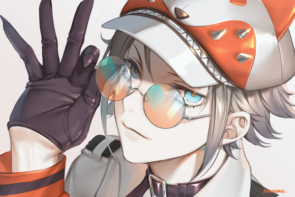 Anime picture 1700x1139 with virtual youtuber nijisanji nijisanji en mysta rias inanome me single looking at viewer short hair simple background signed upper body aqua eyes from above grey hair grey background adjusting sunglasses boy gloves hat black gloves