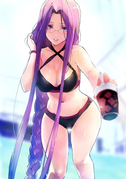Anime-Bild 1202x1700 mit fate (series) fate/stay night rider taishi (picchiridou) single tall image looking at viewer blush breasts light erotic large breasts standing purple eyes payot cleavage purple hair braid (braids) very long hair parted lips blurry