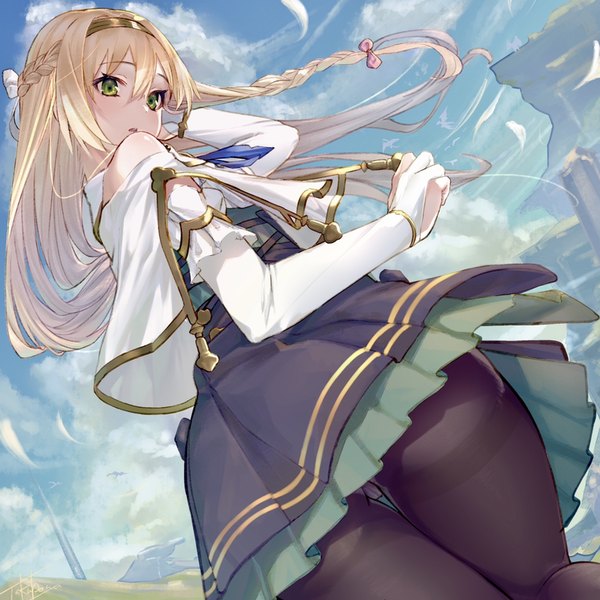 Anime picture 828x828 with atelier (series) atelier ryza gust (company) klaudia valentz takubon single long hair blush fringe open mouth light erotic blonde hair hair between eyes standing bare shoulders green eyes signed payot looking away sky