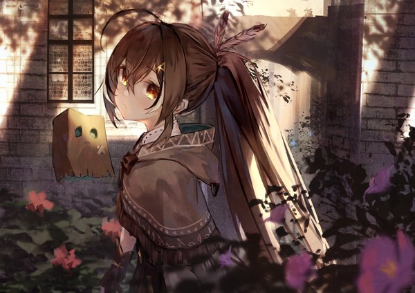 Anime picture 4093x2894 with virtual youtuber hololive hololive english nanashi mumei nanashi mumei (1st costume) friend (nanashi mumei) yu hydra single long hair fringe highres hair between eyes brown hair brown eyes looking away absurdres upper body ahoge outdoors ponytail