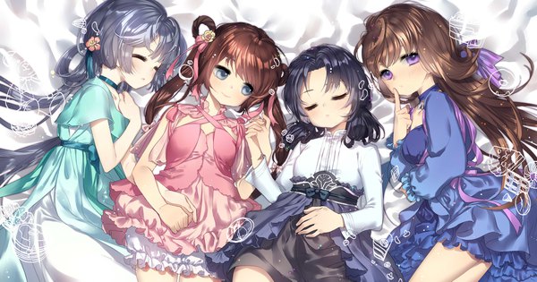 Anime picture 1910x1003 with jianxia qingyuan 3 nicohi (artist) long hair blush fringe highres breasts black hair smile brown hair wide image purple eyes twintails multiple girls lying eyes closed hair flower grey hair sparkle short sleeves