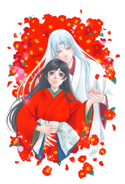 Anime picture 800x1176 with inuyasha sesshomaru rin (inuyasha) tokiko (psychopomp) long hair tall image looking at viewer fringe brown hair brown eyes signed yellow eyes silver hair upper body traditional clothes parted lips head tilt japanese clothes fingernails pointy ears