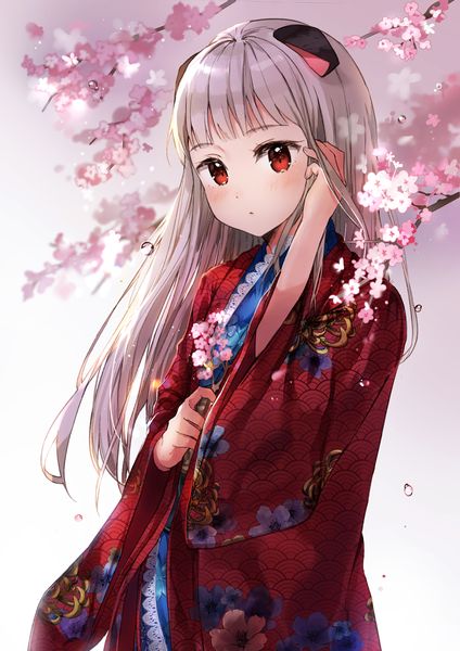 Anime picture 900x1273 with original cherim single long hair tall image looking at viewer blush fringe red eyes standing holding animal ears silver hair blunt bangs traditional clothes japanese clothes wide sleeves :o cherry blossoms floral print