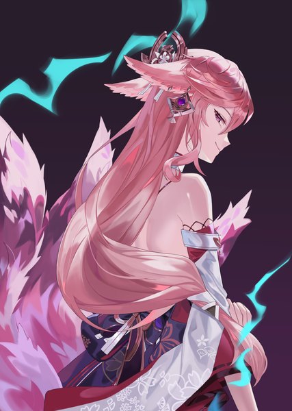 Anime picture 1969x2764 with genshin impact yae miko reki (user rcrd4534) single long hair tall image looking at viewer highres simple background smile purple eyes animal ears pink hair tail animal tail profile from behind fox ears fox tail fox girl