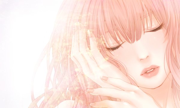 Anime picture 1253x757 with vocaloid just be friends (vocaloid) megurine luka masami chie single long hair fringe simple background wide image white background pink hair eyes closed nail polish fingernails lips lipstick face pink nail polish hand on cheek girl