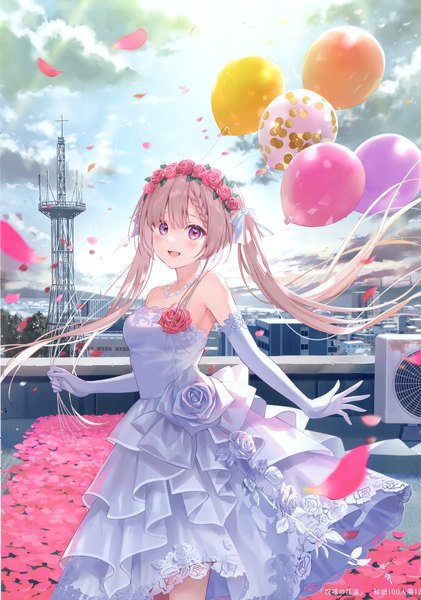 Anime picture 2105x2998 with original fukahire (ruinon) single long hair tall image looking at viewer blush fringe highres open mouth blonde hair smile standing holding sky cloud (clouds) outdoors blunt bangs :d pink eyes