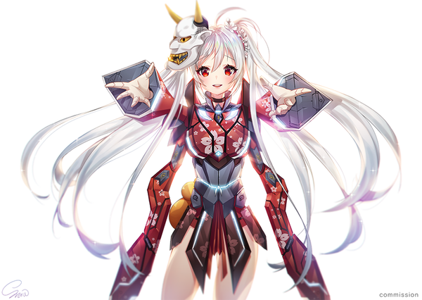 Anime picture 800x569 with phantasy star phantasy star online 2 sega snow is single long hair looking at viewer blush simple background smile red eyes white background twintails silver hair ahoge parted lips blurry wide sleeves floral print outstretched hand