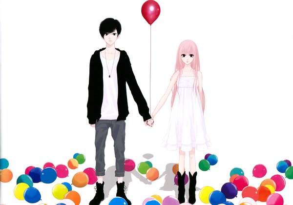 Anime picture 3421x2399 with vocaloid just be friends (vocaloid) megurine luka long hair highres short hair black hair simple background white background bare shoulders pink hair absurdres black eyes shadow couple holding hands girl dress boy shoes