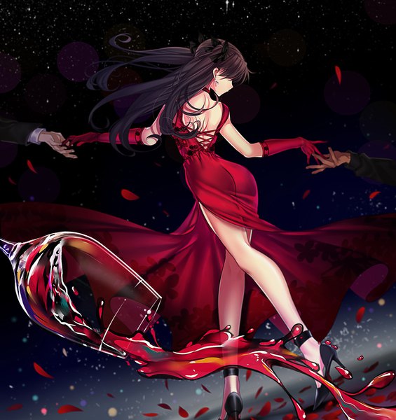 Anime picture 953x1012 with fate (series) fate/stay night toosaka rin yaoshi jun long hair tall image fringe light erotic black hair simple background standing twintails from behind multiple boys high heels floating hair black background spread arms solo focus side slit
