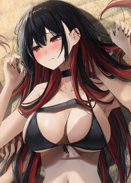 Anime picture 2591x3624 with original amane sora long hair tall image blush fringe highres breasts light erotic black hair hair between eyes red eyes large breasts looking away outdoors lying nail polish multicolored hair mole two-tone hair
