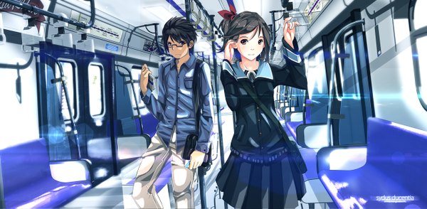 Anime picture 1280x629 with original sydus ducentia looking at viewer short hair black hair wide image brown eyes train interior girl boy skirt uniform school uniform glasses school bag