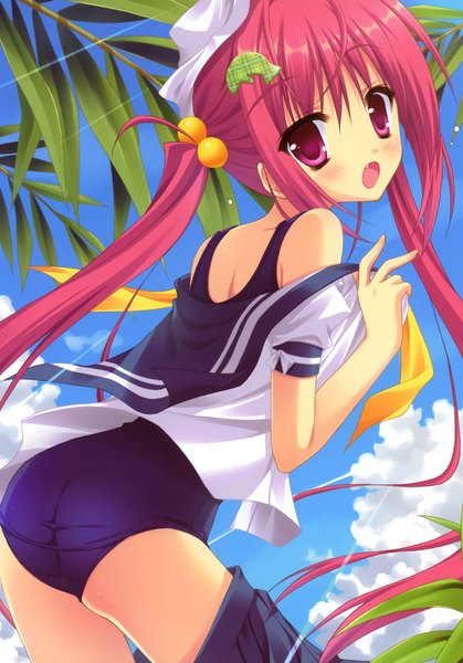 Anime picture 2446x3500 with moribe (rabumanyo) single long hair tall image blush highres open mouth red eyes twintails cloud (clouds) red hair looking back scan girl swimsuit serafuku