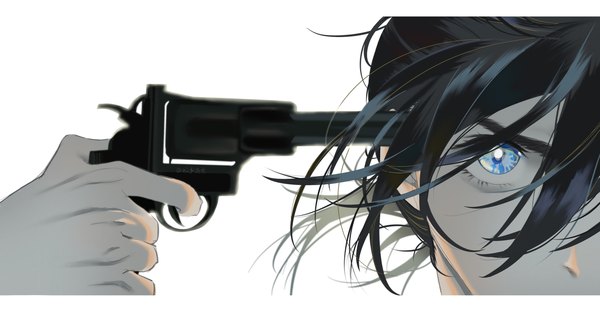 Anime picture 3603x1871 with summertime render ajiro shinpei hui shihou su single looking at viewer fringe highres short hair blue eyes black hair simple background hair between eyes wide image white background letterboxed close-up suicide boy weapon gun