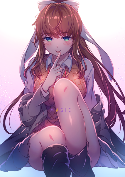Anime picture 639x900 with doki doki literature club monika (doki doki literature club) aicedrop single long hair tall image looking at viewer blush fringe light erotic smile brown hair sitting green eyes payot bent knee (knees) ponytail blunt bangs long sleeves pleated skirt