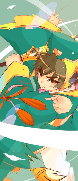 Anime picture 649x1500 with card captor sakura clamp li xiaolang monq (artist) single tall image short hair red eyes brown hair holding traditional clothes pink eyes wide sleeves torn clothes outstretched arm turning head chinese clothes bleeding boy weapon