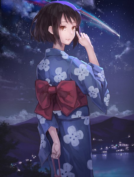 Anime picture 800x1054 with kimi no na wa miyamizu mitsuha kaoming single tall image looking at viewer fringe short hair black hair smile standing holding brown eyes cloud (clouds) outdoors traditional clothes japanese clothes profile looking back night