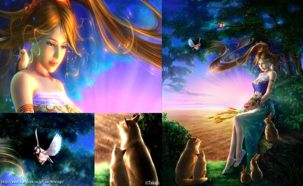 Anime picture 1270x783 with original takashi mare long hair brown hair wide image bare shoulders ponytail barefoot no shoes sleeveless evening sunset multiview girl dress plant (plants) animal tree (trees) bird (birds) grass