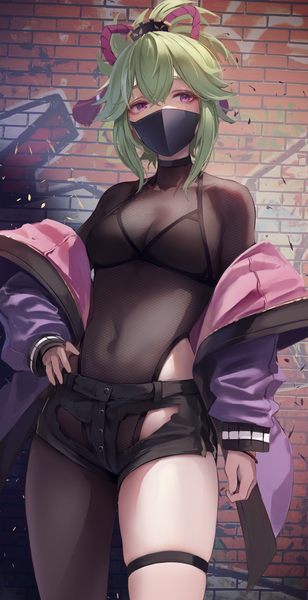 Anime picture 1100x2140 with genshin impact kuki shinobu leviathan (hikinito0902) single tall image looking at viewer fringe short hair breasts light erotic hair between eyes standing purple eyes green hair off shoulder open jacket hand on hip torn clothes covered navel against wall