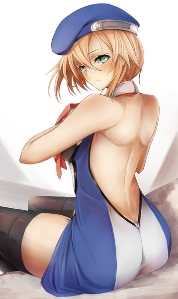 Anime picture 1000x1672 with blazblue noel vermillion snm (sunimi) single tall image looking at viewer blush fringe short hair light erotic blonde hair simple background sitting bare shoulders green eyes ass looking back from behind back bare back