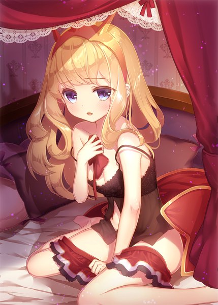 Anime picture 800x1119 with granblue fantasy cagliostro (granblue fantasy) patori single long hair tall image looking at viewer blush fringe breasts open mouth blue eyes light erotic blonde hair sitting bare shoulders holding payot cleavage bent knee (knees)