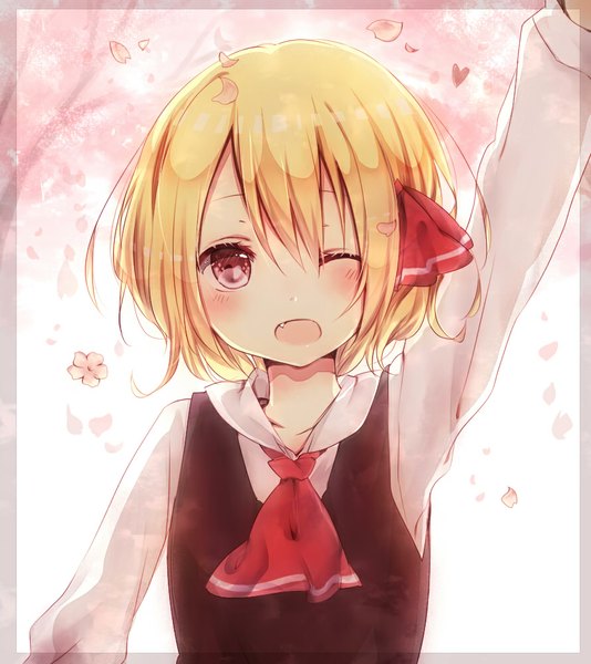 Anime picture 890x1000 with touhou rumia misa (kaeruhitode) single tall image looking at viewer blush short hair open mouth blonde hair red eyes one eye closed wink cherry blossoms girl hair ornament flower (flowers) plant (plants) petals tree (trees)