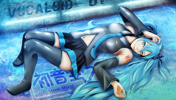 Anime picture 1750x1000 with vocaloid hatsune miku single long hair highres wide image twintails aqua eyes aqua hair girl thighhighs skirt black thighhighs detached sleeves miniskirt necktie thigh boots