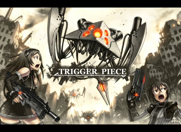 Anime picture 1300x949 with gia long hair short hair open mouth black hair multiple girls black eyes inscription letterboxed destruction mechanical post-apocalyptic girl gloves 2 girls detached sleeves headphones gun robot