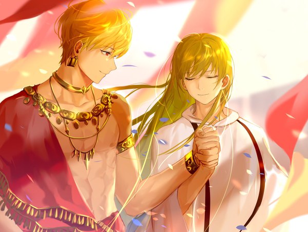 Anime picture 2048x1544 with fate (series) fate/strange fake gilgamesh (fate) enkidu (fate) rrr (reason) long hair highres short hair blonde hair red eyes eyes closed profile green hair wind multiple boys holding hands androgynous boy earrings petals