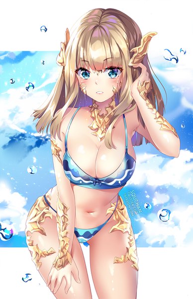 Anime picture 809x1250 with final fantasy final fantasy xiv square enix au ra squchan single long hair tall image looking at viewer blush fringe breasts blue eyes light erotic blonde hair standing signed sky cleavage cloud (clouds)