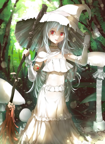 Anime picture 2989x4092 with original culter single long hair tall image fringe highres red eyes standing holding looking away aqua hair glow girl dress hat tree (trees) witch hat forest broom