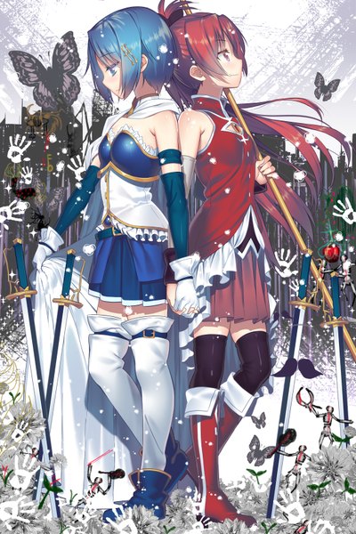 Anime picture 1128x1692 with mahou shoujo madoka magica shaft (studio) sakura kyouko miki sayaka hullabaloo long hair tall image fringe short hair blue eyes red eyes standing bare shoulders multiple girls blue hair looking away full body ponytail red hair profile