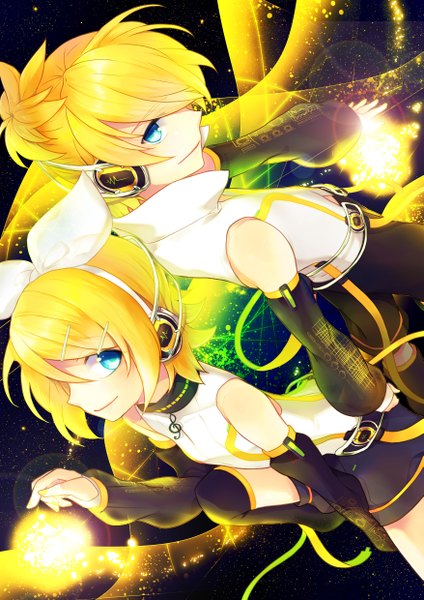 Anime picture 1753x2480 with vocaloid vocaloid append kagamine rin kagamine len kagamine rin (append) kagamine len (append) renta (deja-vu) tall image fringe highres short hair blue eyes blonde hair smile absurdres hair over one eye twins girl boy hair ornament