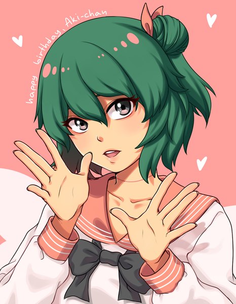 Anime picture 1167x1500 with original reiji-rj single tall image looking at viewer fringe short hair open mouth simple background hair between eyes upper body green hair grey eyes hair bun (hair buns) pink background happy birthday borrowed character girl heart bowtie