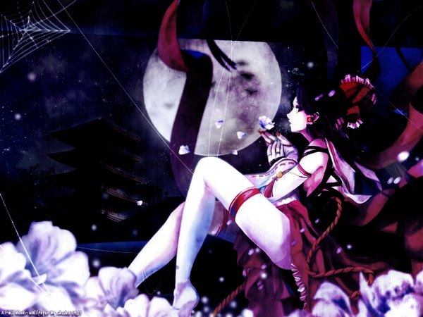 Anime picture 1280x960 with touhou hakurei reimu misaki kurehito cradle (artist) single long hair black hair sitting full body profile barefoot bare legs wallpaper soles third-party edit girl flower (flowers) thigh strap moon full moon