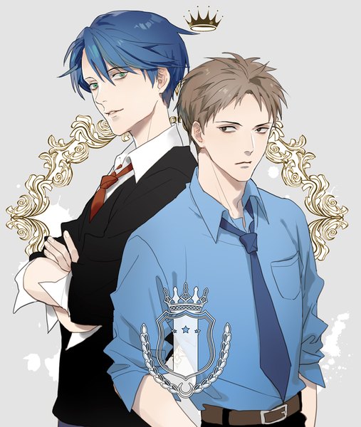 Anime picture 1000x1182 with gekkan shoujo nozaki-kun doga kobo kashima yuu hori masayuki par tall image looking at viewer fringe short hair simple background hair between eyes brown hair green eyes blue hair looking away grey background crossed arms open collar sleeves pushed up reverse trap