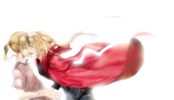 Anime picture 1280x736 with fullmetal alchemist studio bones edward elric alphonse elric umika sayoji long hair open mouth blonde hair simple background wide image white background yellow eyes looking away profile boy cloak