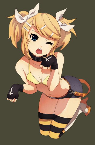 Anime picture 1740x2656 with vocaloid kagamine rin penguin caee single tall image highres short hair breasts open mouth blue eyes light erotic simple background blonde hair twintails one eye closed high heels girl thighhighs gloves navel