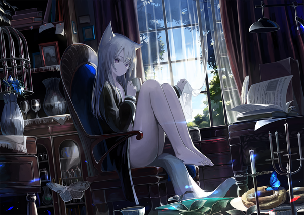 Anime picture 2549x1811 with original mikisai single long hair looking at viewer blush fringe highres light erotic hair between eyes sitting purple eyes signed animal ears silver hair full body bent knee (knees) indoors tail animal tail