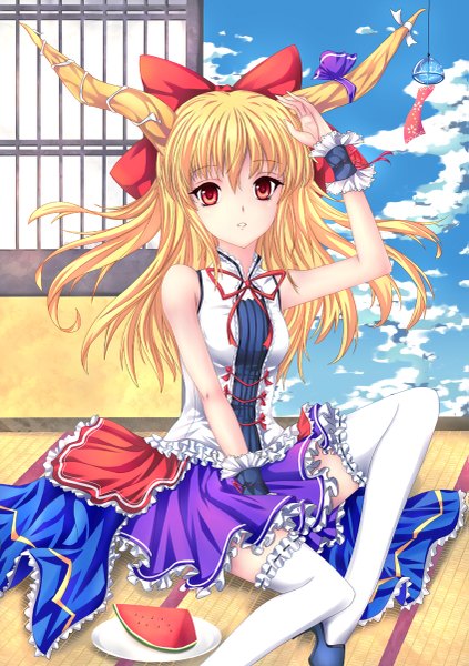 Anime picture 847x1200 with touhou ibuki suika fred0092 single long hair tall image looking at viewer blonde hair red eyes horn (horns) girl thighhighs dress bow hair bow white thighhighs food frills berry (berries) watermelon