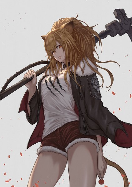 Anime picture 2039x2894 with arknights siege (arknights) yasu (segawahiroyasu) single long hair tall image looking at viewer fringe highres simple background blonde hair standing white background holding animal ears yellow eyes ponytail tail parted lips animal tail