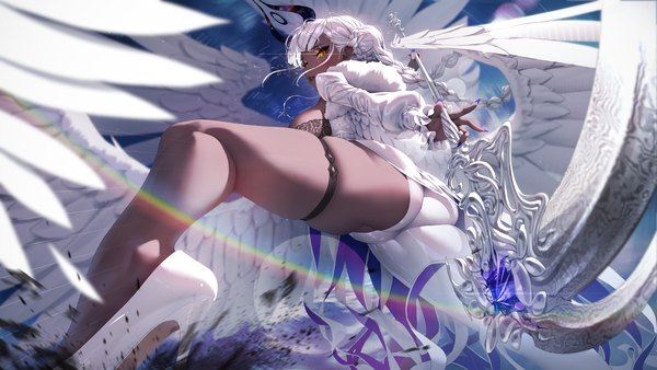 Anime picture 3840x2160 with original rhasta single long hair looking at viewer fringe highres breasts light erotic wide image standing holding yellow eyes absurdres ass white hair blunt bangs braid (braids) long sleeves nail polish